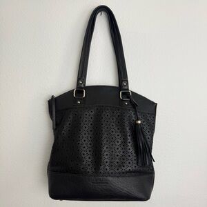 Isaac Mizrahi Black 100% Genuine Leather Floral Laser Cut Shoulder Bag Purse